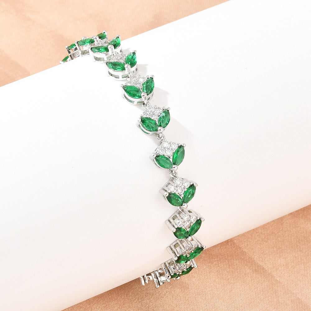 Pulsera Tennis, diseño de hoja, con cierres de cristal verde