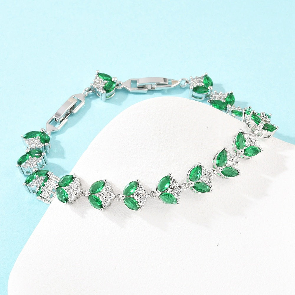 Pulsera Tennis, diseño de hoja, con cierres de cristal verde