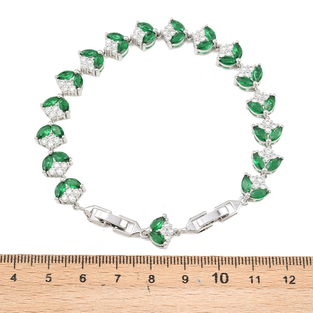 Pulsera Tennis, diseño de hoja, con cierres de cristal verde