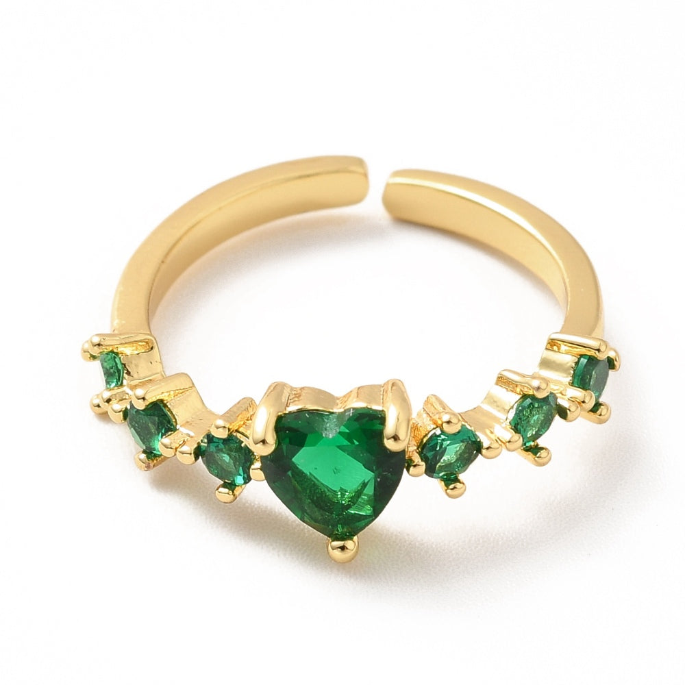 Anillo ajustable con corazón de circonia cúbica verde