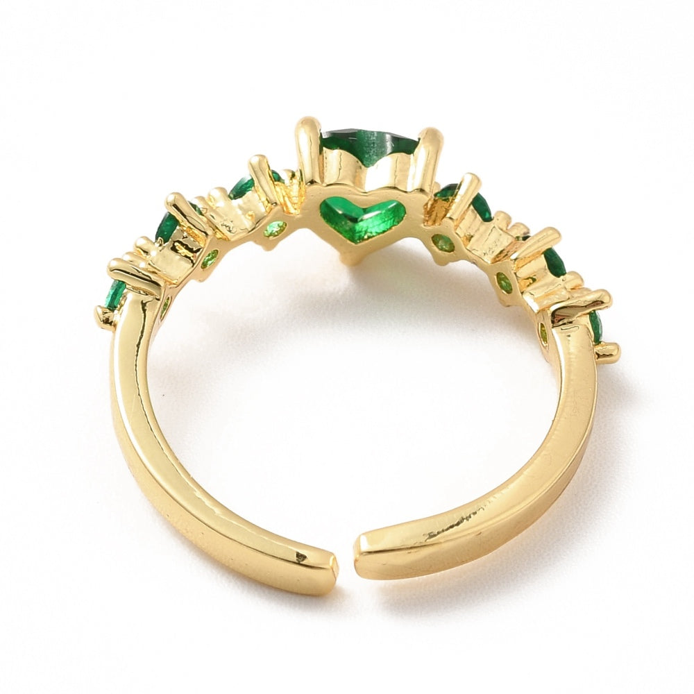 Anillo ajustable con corazón de circonia cúbica verde
